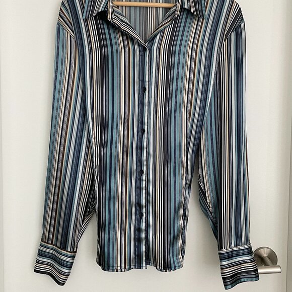 Striped Long Sleeve Button Front Blouse Mantles Blue Green… - Picture 5 of 5